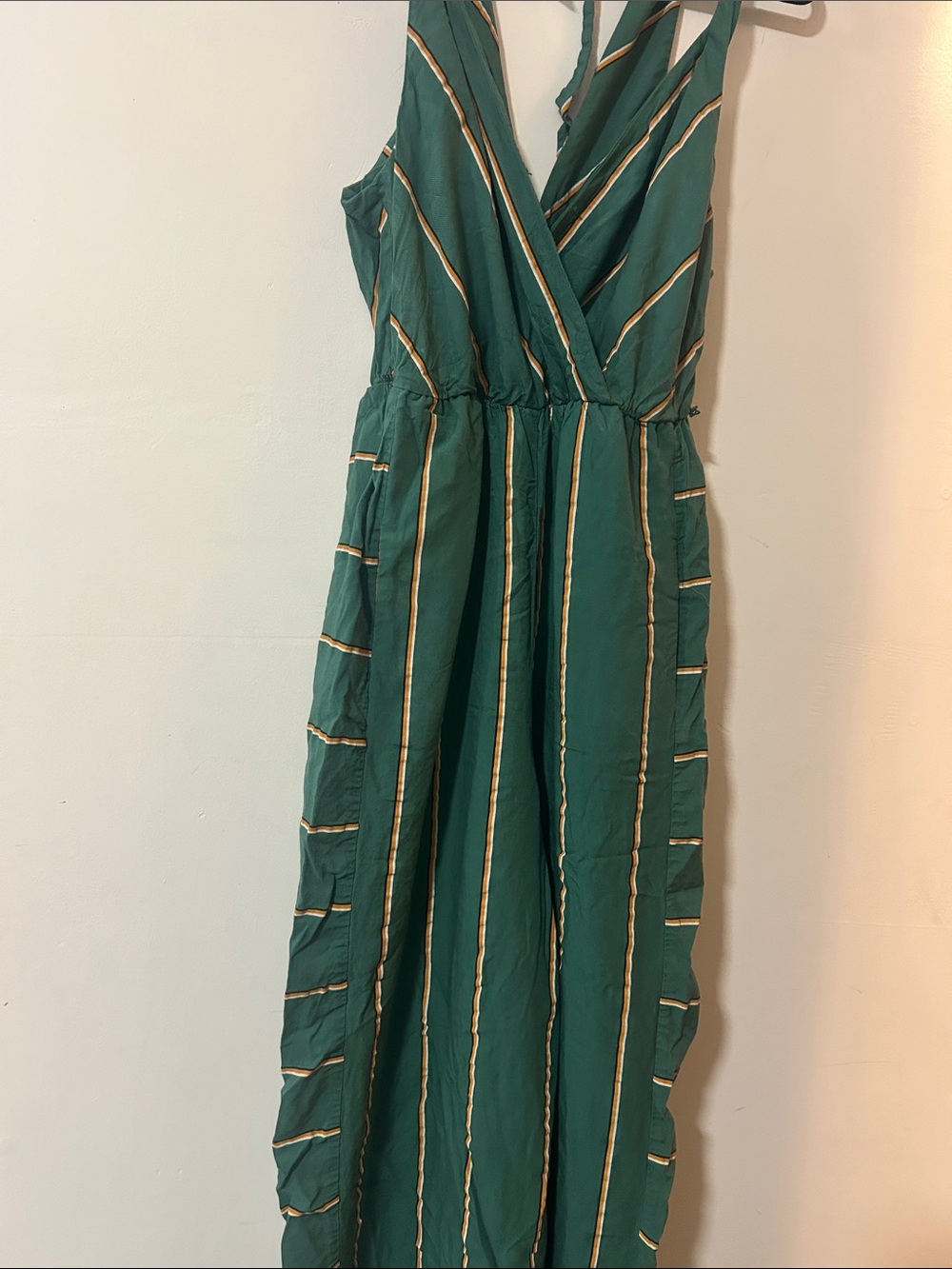 Anthropologie Emerald Green Striped Wrap Maxi Jumpsuit